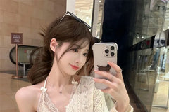 Halter V-Neck Plain Bow Lace Top / V-Neck Pointelle Cardigan