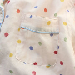 Pajama Set: Long-Sleeve Lapel Collar Dotted Button-Up Top + Pants