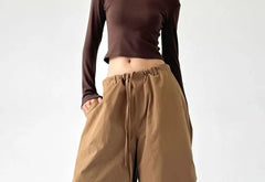 Drawstring Waist Plain Ruched Baggy Cargo Pants