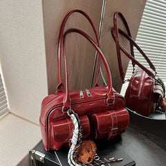 Multi-Pocket Faux Leather Bowling Tote Bag