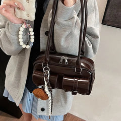 Multi-Pocket Faux Leather Bowling Tote Bag