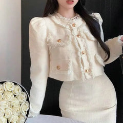 Set: Round Neck Plain Fringed Crop Button Jacket + High Rise Midi Pencil Skirt