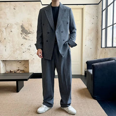 Lapel Collar Pinstriped Double Breasted Blazer / Mid Rise Wide Leg Dress Pants