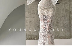Bell Sleeve V-Neck Plain Lace Maxi Sheath Dress