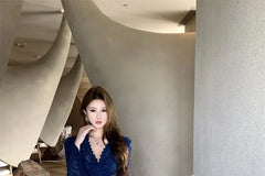 Long Sleeve V-Neck Plain Lace Maxi Sheath Dress