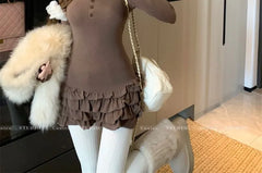Long-Sleeve Scoop Neck Plain Lace Trim Ruffle Mini Sheath Dress