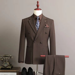Set: Striped Double Breasted Blazer + Dress Pants + Vest