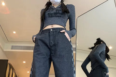 Low Rise Checkerboard Panel Loose Fit Jeans