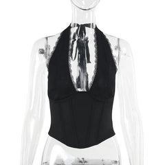 Halter V-Neck Plain Panel Top