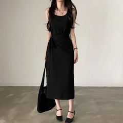 Sleeveless Round Neck Plain Tie-Waist Midi Sheath Dress