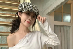Long-Sleeve Off-Shoulder Plain Asymmetrical Lace Panel Slim Fit Tee