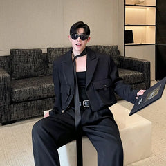 Set: Peak Lapel One-Buttoned Plain Crop Cargo Blazer + Mid Rise Wide Leg Dress Pants