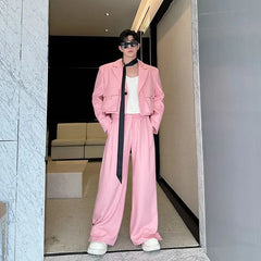 Set: Peak Lapel One-Buttoned Plain Crop Cargo Blazer + Mid Rise Wide Leg Dress Pants