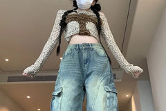 High Waist Washed Wide Leg Cargo Jeans
