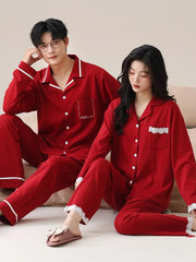 Couple Matching Pajama Set: Long Sleeve Collared Shirt + Elastic Waist Straight Leg Pants (Various Designs)
