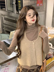 Long Sleeve Turtleneck Plain Top / Scoop Neck Plain Button Sweater Vest