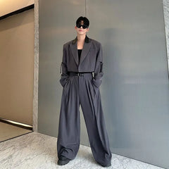 Set: Peak Lapel Two Tone Faux Leather Panel Open Front Crop Blazer + Mid Rise Wide Leg Dress Pants