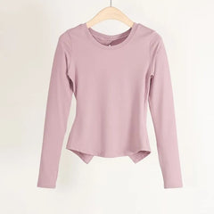 Asymmetrical Cutout Long Sleeve Round Neck Plain Sports T-Shirt