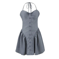 Halter Striped Button Mini A-Line Corset Dress