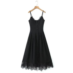Spaghetti Strap V-Neck Lace Midi A-Line Dress