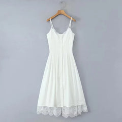Spaghetti Strap V-Neck Lace Midi A-Line Dress