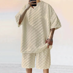 Set: 3/4-Sleeve Crew Neck Checkerboard T-Shirt + Drawstring Waist Wide Leg Sweat Shorts