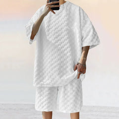 Set: 3/4-Sleeve Crew Neck Checkerboard T-Shirt + Drawstring Waist Wide Leg Sweat Shorts