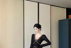 Long-Sleeve V-Neck Lace Sequin Slit Midi Sheath Dress
