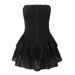 Strapless Hook & Eye Mini A-Line Eyelet Lace Layered Dress