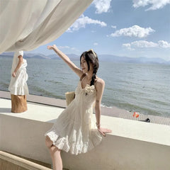 Spaghetti Strap V-Neck Eyelet Lace Panel Frill Trim Tie Front Mini A-Line Dress / Plain Cardigan