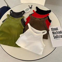 Halter Neck Plain Ribbed Padded Tank Top