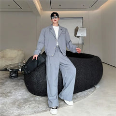Set: Lapel Collar Plain Single Breasted Blazer + Mid Rise Plain Wide Leg Pants