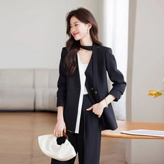 V-Neck Plain Single Button Blazer / Mid Rise Plain Wide Leg Dress Pants / Set