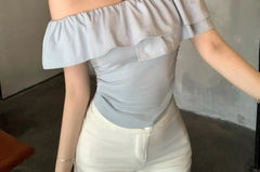 Short-Sleeve Off-The-Shoulder Plain Ruffle Crop Tee