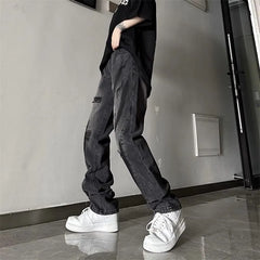 Mid Rise Distressed Washed Straight Leg Jeans