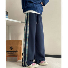 Drawstring Waist Plaid Panel Wide Leg Sweatpants