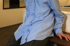 Long Sleeve Collared Plain Ruffle Shirt