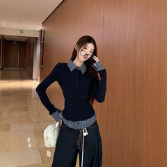 Mock Two-Piece Long Sleeve Gingham Button-Up Shirt