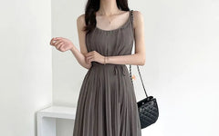 Spaghetti Strap Plain Accordion Pleated Tie-Waist Maxi A-Line Dress
