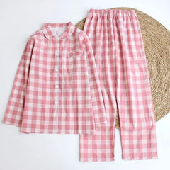 Couple Matching Pajama Set: Long Sleeve Collared Plaid Shirt + Elastic Waist Straight Leg Pants (Various Designs)