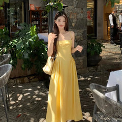 Spaghetti Strap Square Neck Plain Pleated Midi A-Line Dress