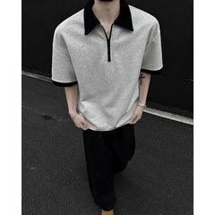 Elbow-Sleeve Contrast Trim Half-Zip Polo Shirt