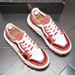 Platform Rhinestone Lace-Up Faux Leather Sneakers