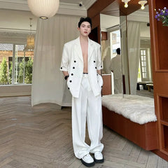 Set: 3/4-Sleeve Notch Lapel Double-Breasted Plain Blazer + Mid Rise Wide Leg Dress Pants