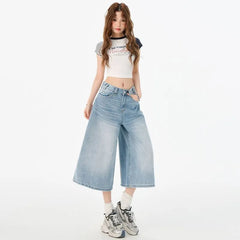 High Waist Washed Wide Leg Jorts