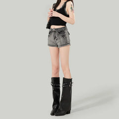 High Waist Washed Denim Shorts