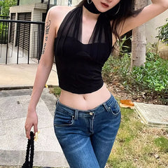 Halter Neck Plain Mesh Panel Corset Top