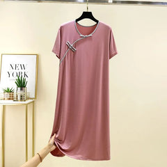 Short-Sleeve Frog Buttoned Midi Pajama Dress