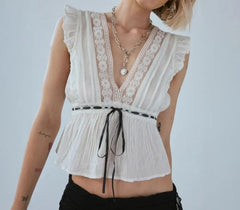 V-Neck Ruffled-Trim Crop Tank Top