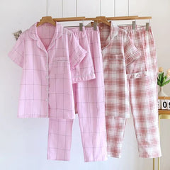 Pajama Set: Short-Sleeve Lapel Collar Plaid Button-Up Top + Shorts + Pants